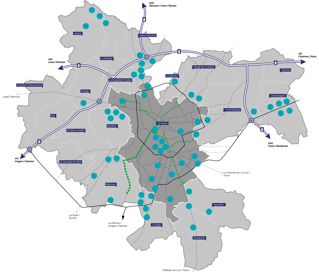 Carte des zones d'activités, Le Mans Métropole